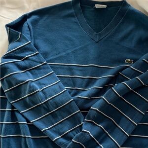Preowned Lacoste Men's V-Neck Sweater Blue White Stripes Cotton Blend Sz XXL